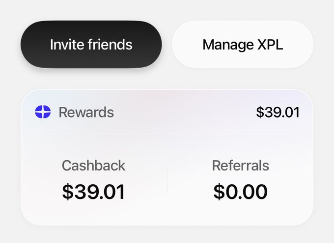 A rewards dashboard showing 'Invite friends' and 'Manage XPL' buttons, with a Rewards balance of $39.01, Cashback of $39.01, and Referrals of $0.00.