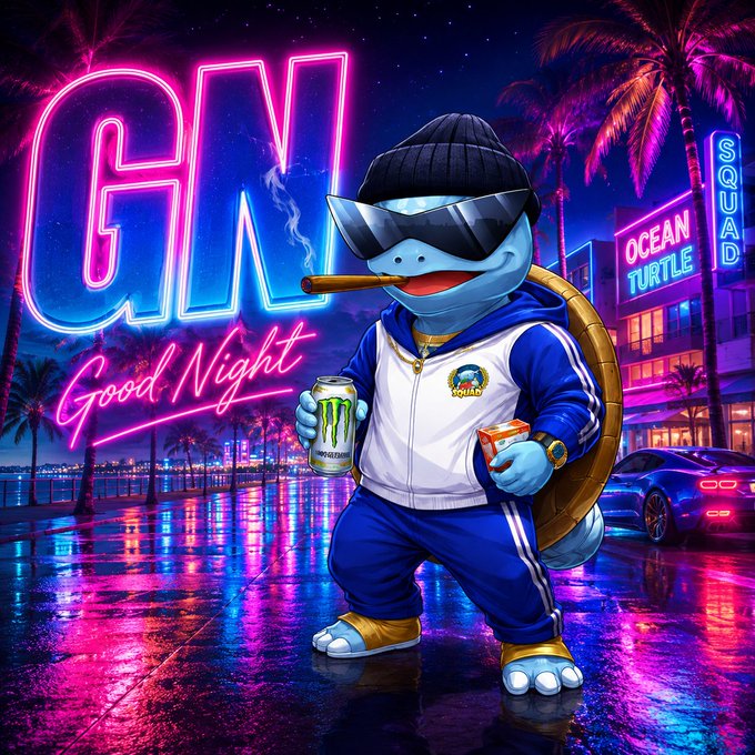 A neon-style digital artwork of an anthropomorphic blue turtle wearing sunglasses, a beanie, and a tracksuit while holding a Monster Energy drink, with 'GN Good Night' and 'OCEAN SQUAD' neon signs in the background.