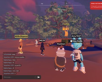 Screenshot of a 3D multiplayer game showing avatars including "NGBxShpend", "MO30", "Hutshen", "Amy1347", and a player with a "View Profile" option, with chat visible on the left.