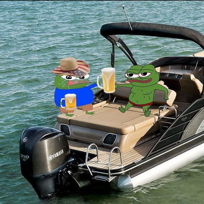 A meme image of two Pepe the Frog characters—one wearing an American flag cowboy hat and blue shirt holding a beer mug, the other in red shorts—clinking beer mugs together on a pontoon boat with a Yamaha 350 outboard motor on a body of water.
