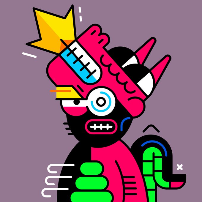 A vibrant, stylized digital illustration featuring a black cat-like character with a large pink headpiece, exaggerated teeth, and a green segmented tail, set against a muted purple background.