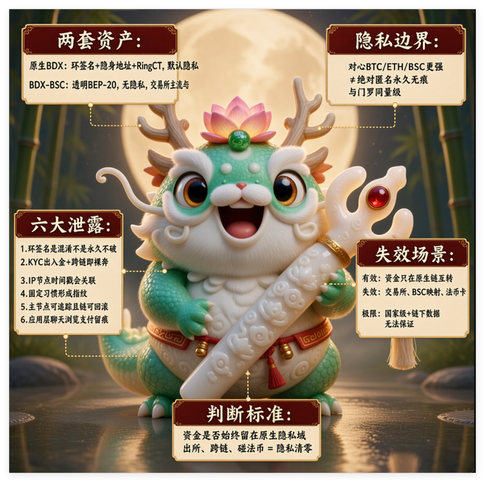 A Chinese-language infographic featuring a cute green dragon-like creature holding a scroll, explaining cryptocurrency privacy concepts with sections on assets (两套资产), privacy boundaries (隐私边界), six major leaks (六大泄露), failure scenarios (失效场景), and judgment standards (判断标准).