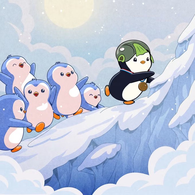 A cute digital illustration of a penguin wearing a green aviator hat and holding a medal, standing triumphantly on an icy peak as a group of blue penguins watches from below.