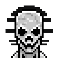 A pixel art sprite of a skeleton character with a skull face and dark eye sockets.