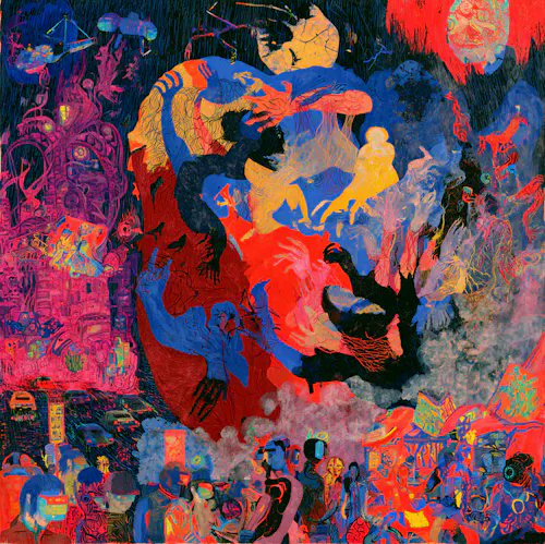 A vibrant, surreal, and chaotic abstract painting filled with colorful figures, geometric shapes, and dreamlike elements in hues of red, blue, orange, and purple.