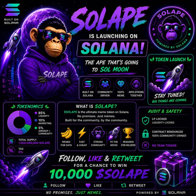 A vibrant purple-themed promotional poster for '$SOLAPE' announcing its launch on Solana, featuring a cartoon ape in sunglasses and detailing tokenomics, audits, and a giveaway of 10,000 $SOLAPE.