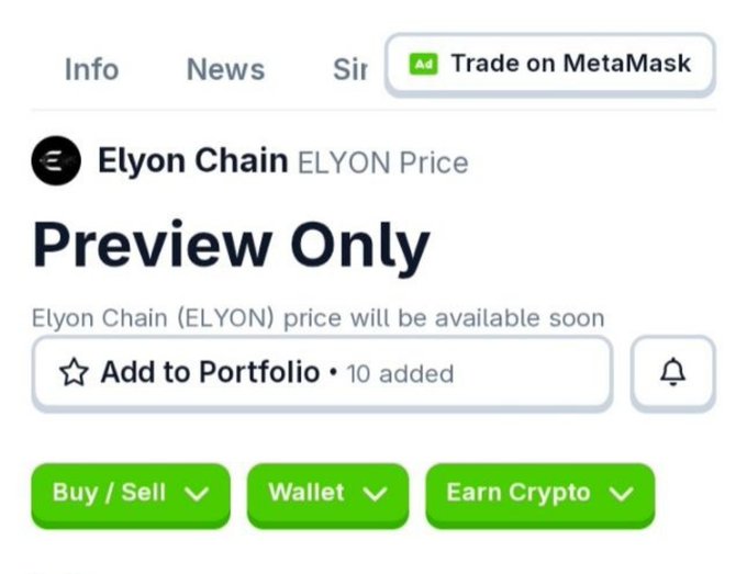 A screenshot of a cryptocurrency page showing 'Elyon Chain (ELYON) Price' with the status 'Preview Only' and a note that the price will be available soon.