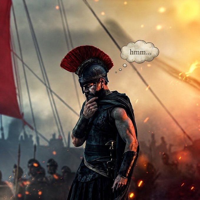 A Roman centurion in a plumed helmet stands on a battlefield thinking 'hmm...' in a thought bubble.