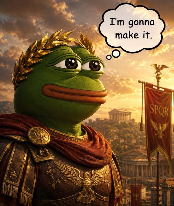 A meme featuring Pepe the Frog dressed as a Roman soldier with a laurel wreath, thinking 'I'm gonna make it,' set against an ancient Roman backdrop with an SPQR banner.