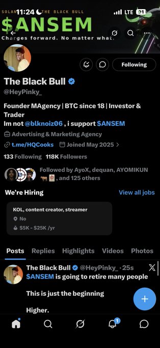 The image shows an X (Twitter) profile for "The Black Bull" (@HeyPinky_) with 118K followers, advertising a KOL/content creator job opening paying $5K-$25K/year, alongside a $ANSEM-branded bullish post. The accompanying caption about never winning from Nexo appears unrelated to the profile shown, as the image displays job recruitment and crypto promotion content rather than any contest, giveaway, or promotion tied to Nexo.