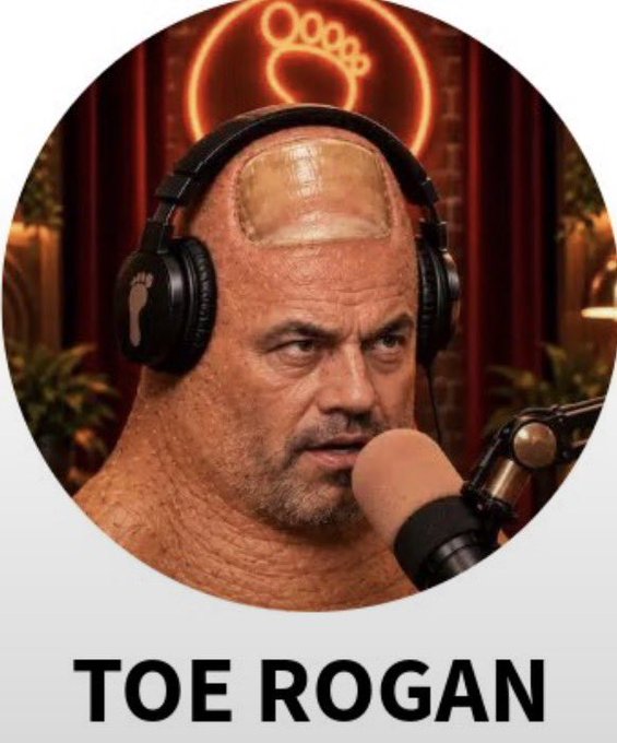 An AI-generated circular meme shows a bald man's head with feet for a brain wearing headphones into a microphone, labeled 'TOE ROGAN' below.