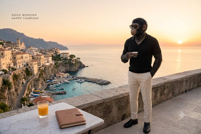A monkey wearing a black polo shirt, white pants, and sunglasses stands on a balcony overlooking a coastal Italian town at sunset, holding an espresso cup, with the text "GOOD MORNING HAPPY THURSDAY" in the upper left corner.