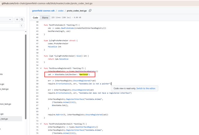 The screenshot shows a file from the greenfield-cosmos-sdk repository on GitHub, specifically `proto_codec_test.go`, containing Go test code for a `cat` interface (pointing to the Garfield reference). The highlighted `cat := &testdata.Cat{Worker: "Garfield"}` line and surrounding `InterfaceRegistry` methods visually support the post's claim that "Garfield" appears in the code documentation for Cat Day.