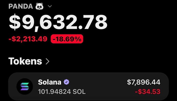 The image shows a crypto portfolio displaying a PANDA wallet with a balance of $9,632.78, down $2,213.49 (-18.69%), with the visible holding being 101.94824 SOL ($7,896.44, down $34.53).

The screenshot appears to serve as proof of holdings, with the user leveraging their visible SOL balance to promote an airdrop giveaway and request that followers comment their Solana addresses for a chance to receive free tokens.