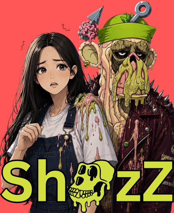 An edgy illustration shows a concerned young woman in overalls standing next to a grotesque monster with exposed brains and a green bandana, with the yellow text 'Sh[skull]zz' at the bottom.