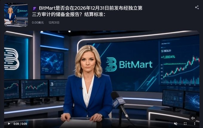 A YouTube thumbnail from BitMart asks in Chinese whether BitMart will release an independently audited Proof of Reserves by December 31, 2026, showing a news anchor in a studio.