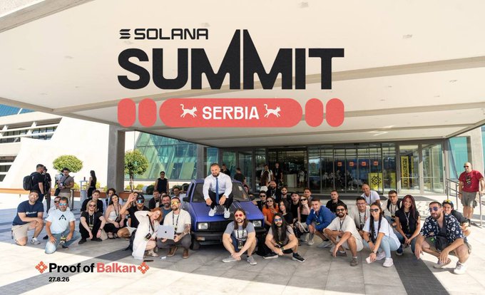 A group photo from the 'SOLANA SUMMIT' in 'SERBIA' (27.8.26) showing attendees posing around a small blue car, with a 'Proof of Balkan' logo in the corner.