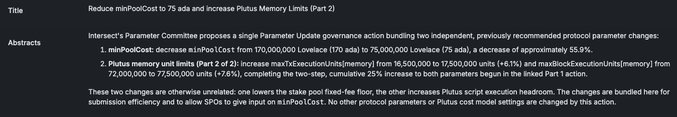 The image displays a governance proposal titled "Reduce minPoolCost to 75 ada and Increase Plutus Memory Limits (Part 2)" which bundles two changes: lowering the minimum stake pool cost from 170 ada to 75 ada (a 55.9% decrease), and increasing Plutus execution unit limits (maxTxExecutionUnits/memory to 17,500,000 and maxBlockExecutionUnits/memory to 77,500,000), aligning with the post's mention of the minPoolCost reduction proposal.