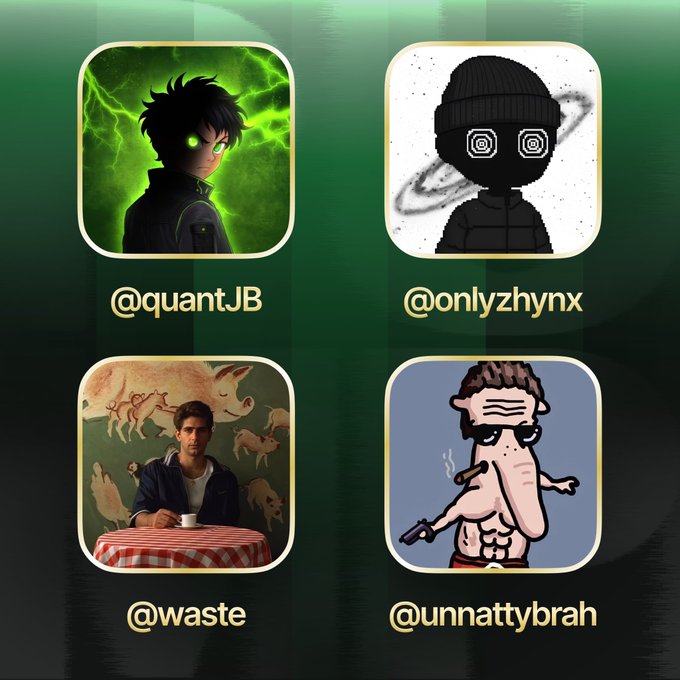 Four user profile icons are displayed on a green background: '@quantJB' (anime character with green eyes), '@onlyzhynx' (dark silhouette with hypnotic spirals), '@waste' (man at a table with a red checkered cloth), and '@unnattybrah' (cartoon muscular figure with sunglasses).