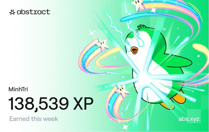 A vibrant promotional graphic for Abstract Chain features the username "MinhTri" alongside an XP score of 138,539, labeled "Earned this week," with a colorful cartoon penguin mascot surrounded by rainbow swirls and stars, visually celebrating the user's new all-time high XP milestone on the platform.