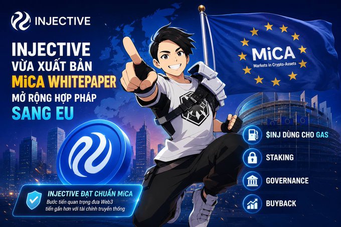 Injective cryptocurrency promotional poster in Vietnamese announcing their MiCA Whitepaper for EU legal expansion, featuring an anime-style character and the EU flag.