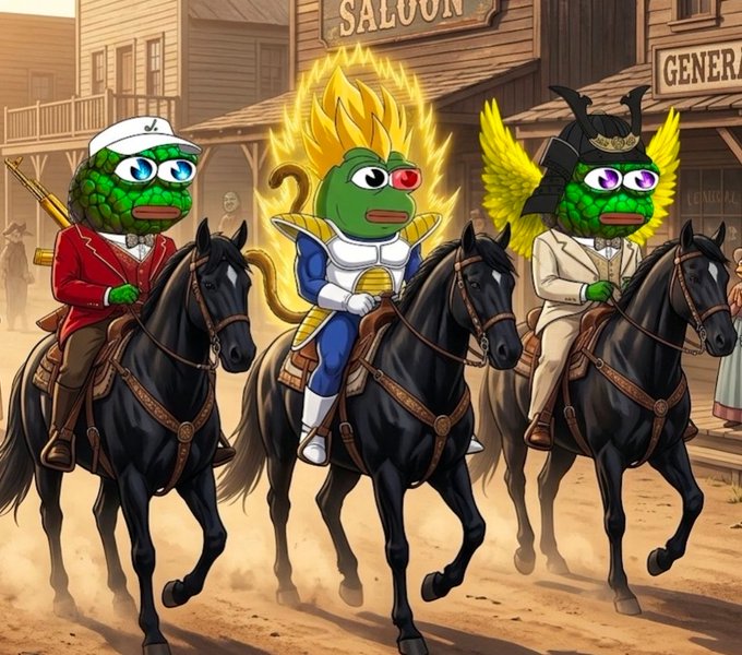 The image features three cartoon characters riding horses down a dirt road. The first character, dressed as a pirate, has a sword in hand. The second character is wearing a cape with a yellow dragon design. The third character is wearing a suit and tie. The background of the image shows an old western town with buildings and people going about their day.