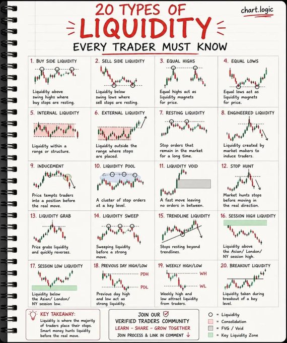 The image is an educational infographic titled "20 TYPES OF LIQUIDITY EVERY TRADER MUST KNOW" by chart.logic, displaying illustrated candlestick chart examples of liquidity concepts such as Buy Side Liquidity, Sell Side Liquidity, Equal Highs/Lows, Internal/External Liquidity, Inducement, Liquidity Voids, Stop Hunts, and Breakout Liquidity, along with key takeaways and a call to join their "Verified Traders Community."