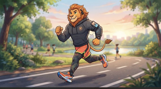 An illustrated anthropomorphic lion wearing athletic gear, including a hoodie, armband, and sneakers, running along a paved path in a park setting.