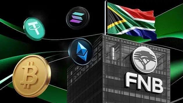 A digital graphic displays cryptocurrency coins (Bitcoin, Tether, Ethereum, Solana) and the South African flag alongside an 'FNB' logo on a building.