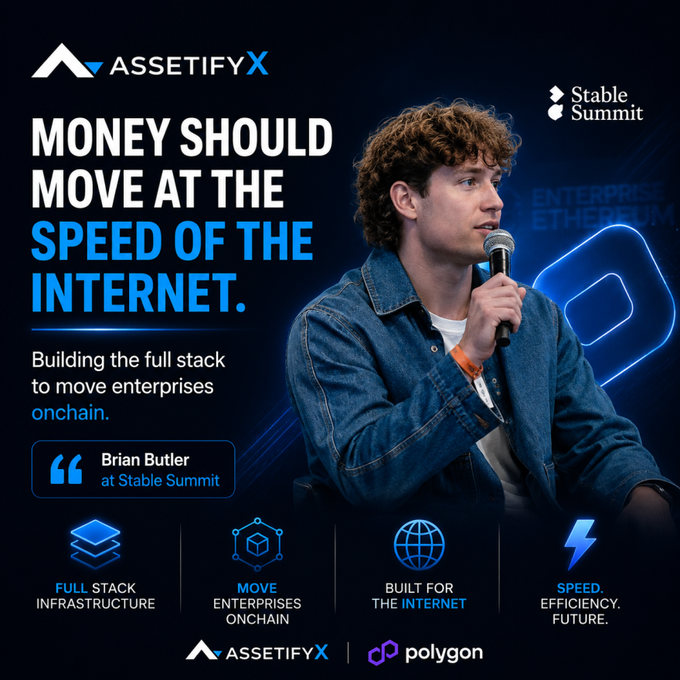 A promotional graphic for AssetifyX at the Stable Summit, featuring a speaker named "Brian Butler" and the tagline "MONEY SHOULD MOVE AT THE SPEED OF THE INTERNET," with partner logo Polygon.
