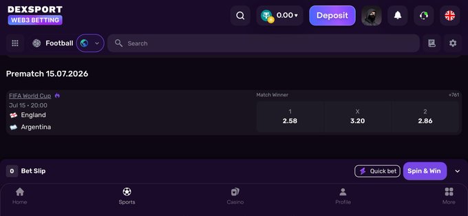 A screenshot of the DEXSPORT web3 betting platform showing a FIFA World Cup prematch betting option for England vs Argentina on July 15, 2026, with odds of 2.58, 3.20, and 2.86 for 1, X, and 2 respectively.