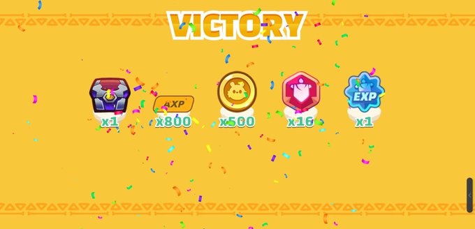 Victory screen from a mobile game showing rewards: a chest (x1), 4XP ticket (x800), coin (x500), heart (x16), and EXP star (x1).