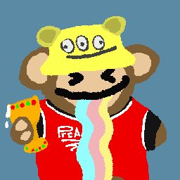A pixel-art monkey puppet wearing a yellow three-eyed alien hat and a red shirt with "FTX" branding drools a rainbow stream while clutching a slice of pizza. The chaotic, irreverent imagery of the worn-out sock puppet fits the "Time to let the puppet out" caption, suggesting unleashing a wild, unfiltered persona tied to the FTX brand.