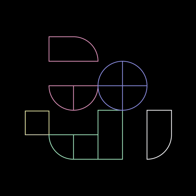 A black background displays an arrangement of colorful geometric line drawings including pink and blue semicircles, a green square, and a yellow square.