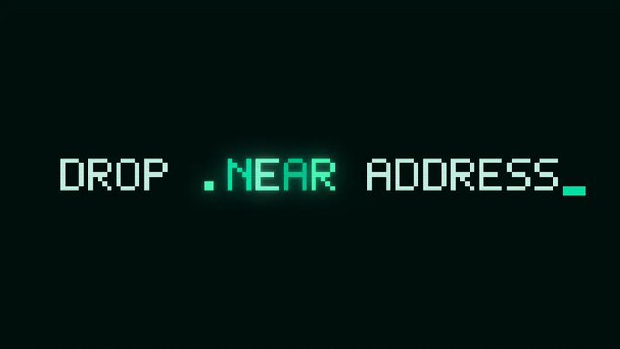 A pixelated text display against a black background reads 'DROP .NEAR ADDRESS_' in white and green retro-style typography, resembling a computer command prompt.