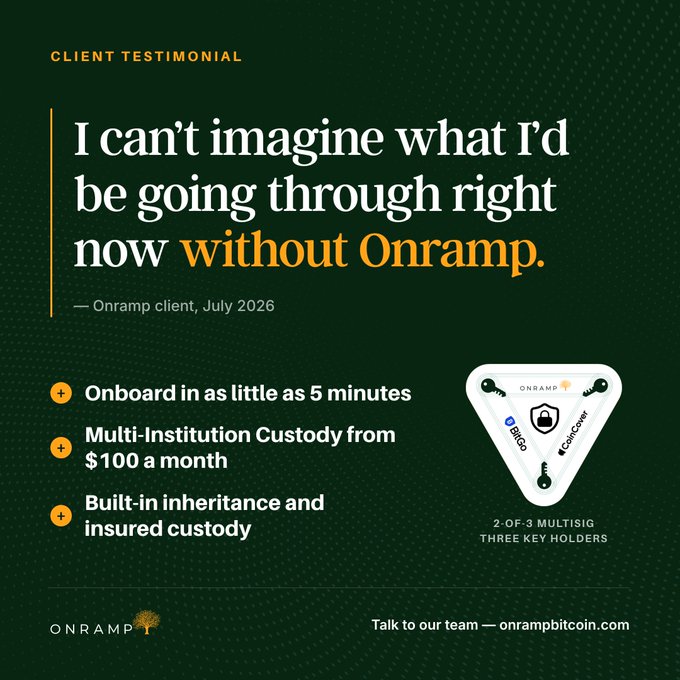 An Onramp Bitcoin advertisement featuring a client testimonial stating 'I can't imagine what I'd be going through right now without Onramp,' highlighting features like 5-minute onboarding and multi-institution custody from $100/month.