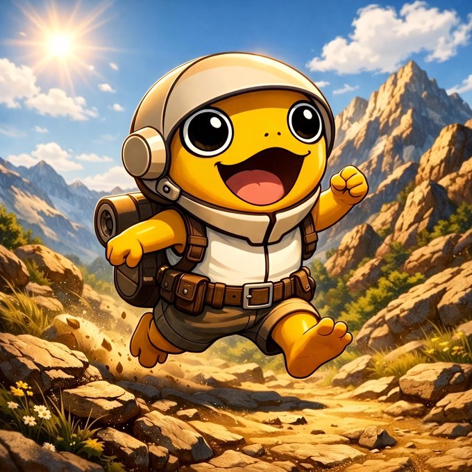A digital illustration of a happy yellow cartoon character wearing a beige explorer's helmet and a backpack with a utility belt, running joyfully along a rocky mountain path under a bright sun.