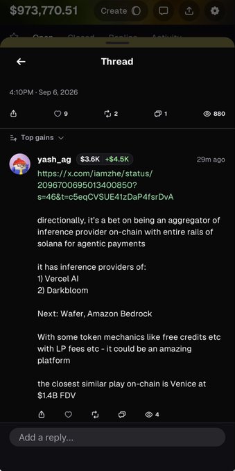 The image shows a screenshot of a financial thread on X (formerly Twitter) from user "yash_ag" posted at 4:10 PM on Sep 6, 2026, discussing an "aggregator of inference provider on-chain with entire rails of solana for agentic payments" valued at $3.6K with a 4.5K increase, highlighting its inference providers (Vercel AI and Darkbloom) and comparing it to Venice at $1.14B FDV, with the account balance showing $973,770.51. The "👀👀👀👀👀📈📈📈" caption suggests the poster is eyeing this emerging Solana-based AI inference platform as a potential high-growth opportunity, with the eye emojis indicating keen interest and the chart emojis signaling bullish sentiment on its upside potential.