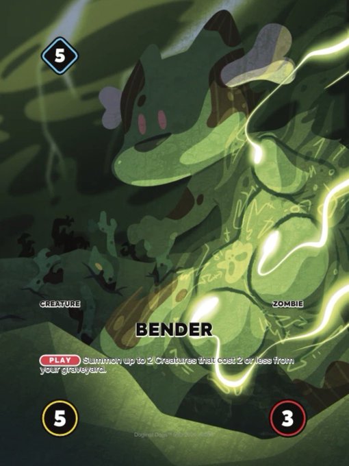 A trading card game card titled 'BENDER' showing a green zombie-like creature with glowing green energy, marked as a Creature/Zombie with cost 5, attack 5, and health 3.