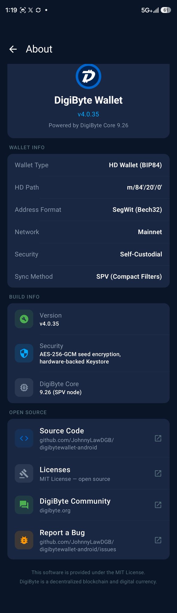 About page of the DigiByte Wallet app (v4.0.35, powered by DigiByte Core 9.26), showing wallet info like HD Wallet (BIP84), SegWit (Bech32), Mainnet, and links to source code on github.com/JohnnyLawDGB/digibytewallet-android.