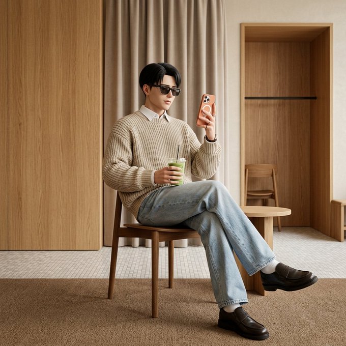 A young man wearing a beige knit sweater over a white collared shirt, light-wash jeans, and sunglasses sits casually on a wooden chair in a minimalist room, holding a green iced drink while looking at an orange phone case.