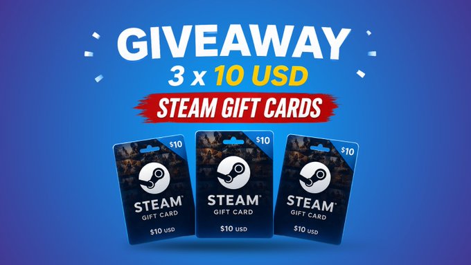 A promotional giveaway graphic featuring "GIVEAWAY 3 x 10 USD STEAM GIFT CARDS" in bold text above three $10 Steam gift card images on a blue background, advertising a contest by @coingate_cards requiring followers to like, repost, and tag a friend to enter.