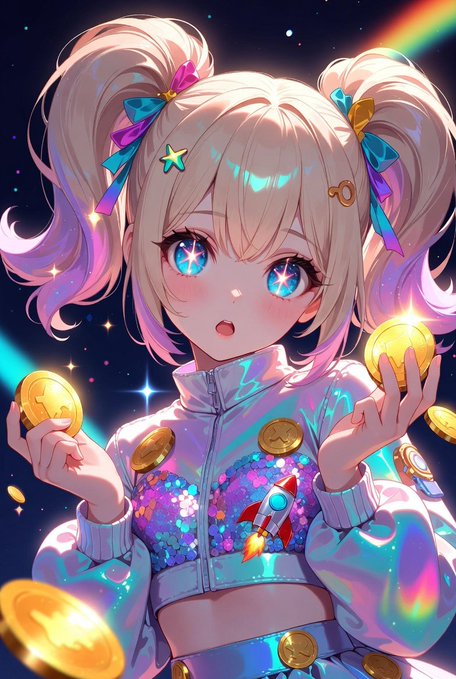 An anime-style illustration of a girl with twin pigtails, sparkly blue eyes, and a star-emblazoned outfit holding gold coins against a starry cosmic background with a rainbow.
