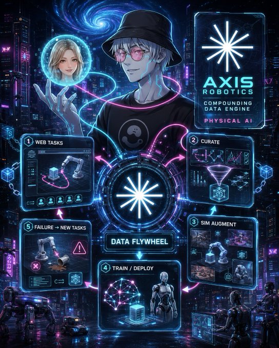 An anime-style promotional graphic for Axis Robotics featuring an illustrated figure and a 'DATA FLYWHEEL' process diagram with steps labeled '1 WEB TASKS', '2 CURATE', '3 SIM AUGMENT', '4 TRAIN/DEPLOY', and '5 FAILURE -> NEW TASKS', alongside 'COMPOUNDING DATA ENGINE' and 'PHYSICAL AI' text.