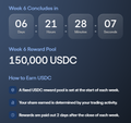 A countdown timer showing 'Week 6 Concludes in 06 21 28 07' with a reward pool of 150,000 USDC for USDC reward distribution.