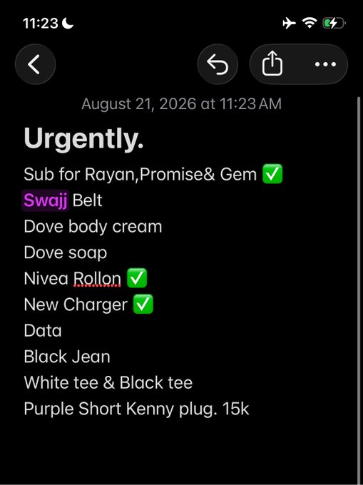 iPhone Notes screenshot titled 'Urgently.' listing items like 'Sub for Rayan, Promise & Gem', 'Swaiji Belt', 'Dove body cream', 'Nivea Rollon', 'New Charger', with some items checked in green.