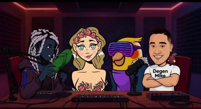 Cartoon illustration of a podcast set with four characters, one wearing a shirt reading "Degen Mike".