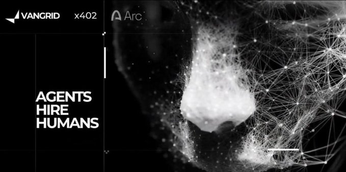 A black and white digital art piece featuring a fragmented, wireframe-style human nose/face with the text 'AGENTS HIRE HUMANS' alongside 'VANGRID' and 'Arc' logos in the corners.