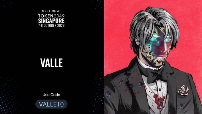 The image is a promotional graphic for TOKEN2049 Singapore (7-8 October 2026), featuring an illustrated masked figure in a tuxedo with a floral boutonnière against a red background, alongside the name "VALLE" and a discount code "VALLE10." It visually advertises the creator's attendance at the event, aligning with their post about meeting industry contacts at the Singapore conference.