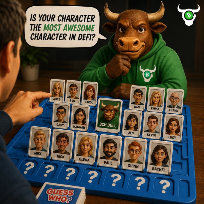 An anthropomorphic bull wearing a green hoodie (BCH Bull) asks "IS YOUR CHARACTER THE MOST AWESOME CHARACTER IN DEFI?" while playing a Guess Who game featuring crypto-themed characters including Alice, Ben, Carol, Gary, Hannah, Mike, Nick, Olivia, Paul, Quinn, Rachel, Dan, Emma, Frank, Jen, Kevin, and Lucy. The playful scene ties into the post by framing DeFi personalities as game characters competing for the "most awesome" title.
